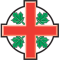 Anglican Church of Canada Batch. A red St. George's Cross superimposed on a white circle, green maple leafs in each quarter